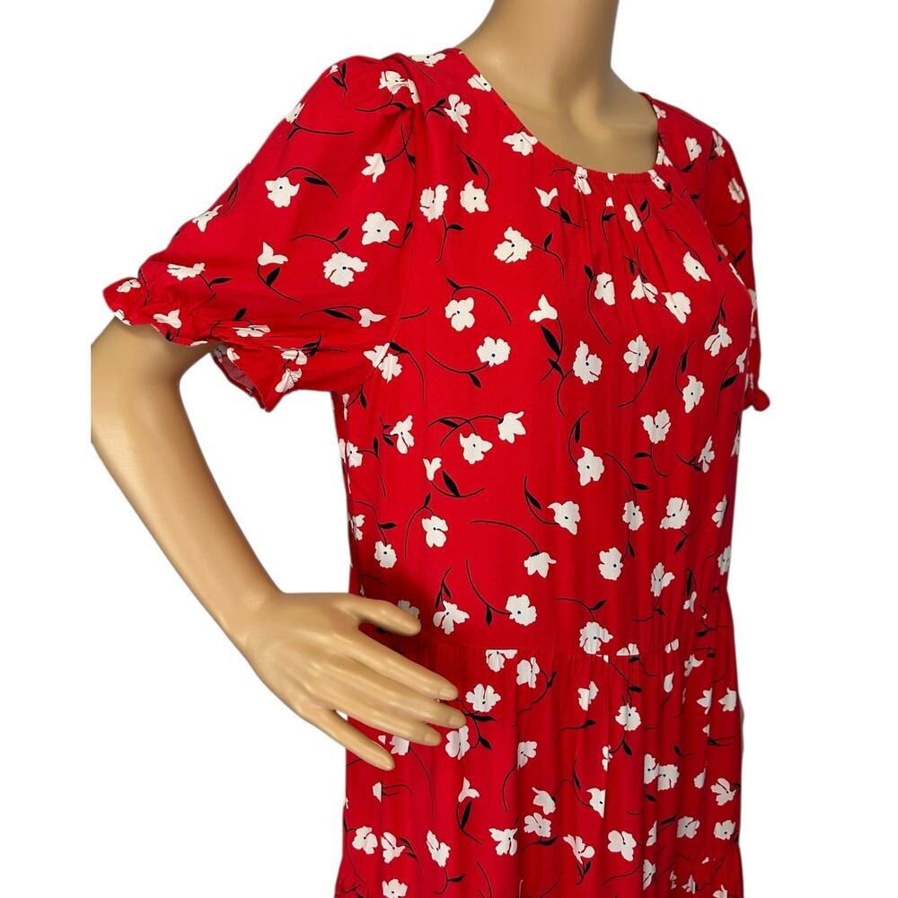 J. Crew Floral Puff-Sleeve Tiered Midi Dress Red BF865 Size L - Picture 11 of 14